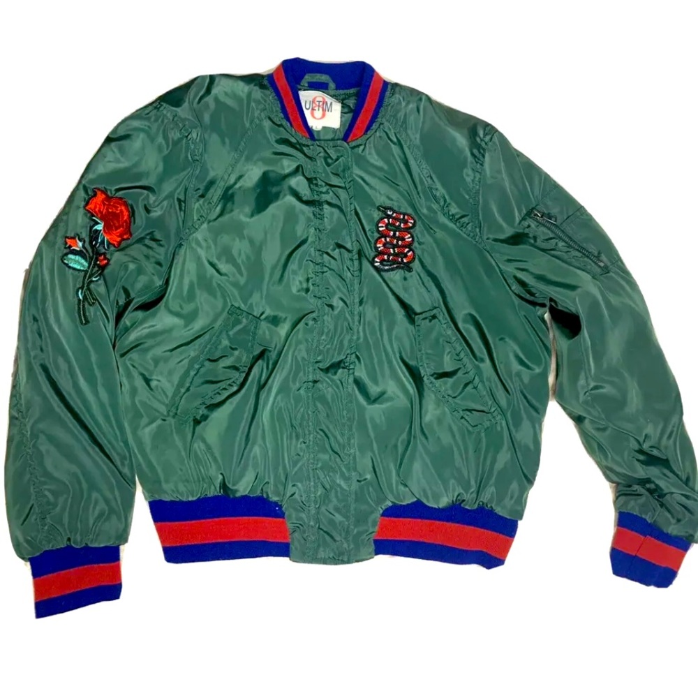 Ultim 8 Juniors Olive Green Bomber Jacket W/Floral & Snake Patches Size Large